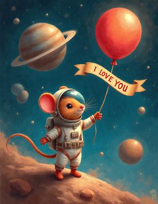 The primary subject of the image is a small mouse dressed in a space suit, holding a balloon that says "I love you." The mouse is standing on a hill, and the setting includes a backdrop of planets and stars. The visual style of the image is a digital art or illustration, with a colorful and playful atmosphere.