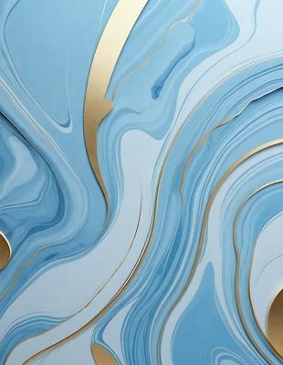 The primary subject of the image is a blue and gold wallpaper with a swirling pattern. The setting is a room with a blue wall, and the visual style is a combination of digital art and illustration. The dominant colors are blue and gold, creating a calm and elegant atmosphere.