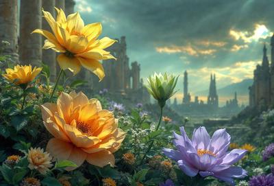 Primary subject: Flowers
Setting/background: A garden with a city in the background
Visual style: Digital art
Colors and mood: The flowers are yellow, orange, and purple, creating a vibrant and lively atmosphere.