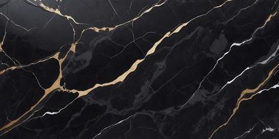 The primary subject of the image is a black marble countertop with gold veins. The setting is a kitchen, and the visual style is a close-up of the marble countertop. The dominant colors are black and gold, creating a luxurious and elegant atmosphere.