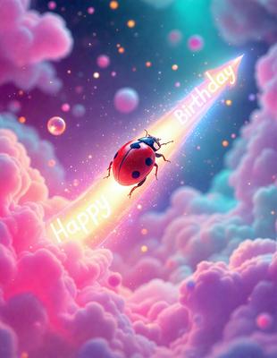 The primary subject of the image is a ladybug, which is the main object, scene, or focus of the image. The ladybug is flying through a pink, cloudy sky, creating a whimsical and playful atmosphere. The setting is a colorful, cloudy background that adds to the overall visual style, which is a digital art or illustration. The colors and mood of the image are predominantly pink and light-hearted, making it a cheerful and delightful scene.