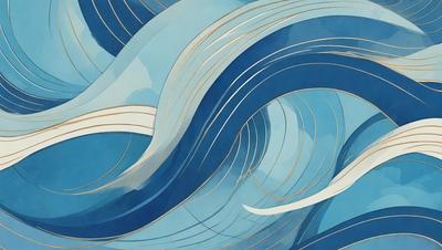 The primary subject of the image is a large, blue wave with gold accents. The wave is depicted in a painting or drawing style, giving it a unique and artistic appearance. The setting is a blue ocean, and the visual style is a combination of digital art and traditional painting techniques. The colors and mood of the image are predominantly blue and gold, creating a sense of depth and elegance.