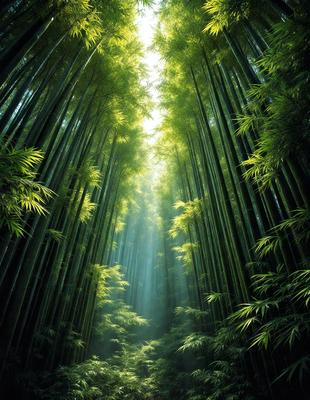 The primary subject of the image is a forest filled with tall, slender bamboo trees. The setting is a lush, green environment, with the sunlight shining through the trees, creating a serene and peaceful atmosphere. The visual style of the image is a photo, capturing the beauty of the bamboo forest. The colors and mood of the image are predominantly green, with the sunlight adding a touch of warmth and brightness to the scene.
