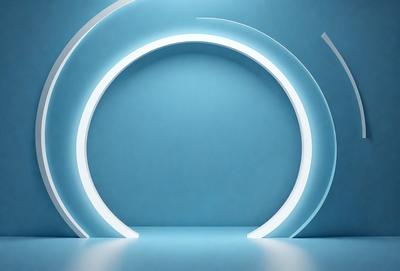 The primary subject of the image is a large, illuminated circle. The circle is located in a blue room, which serves as the setting for the scene. The visual style of the image is a photo, capturing the circle's light and its surroundings. The dominant colors in the image are blue and white, creating a calm and serene atmosphere.