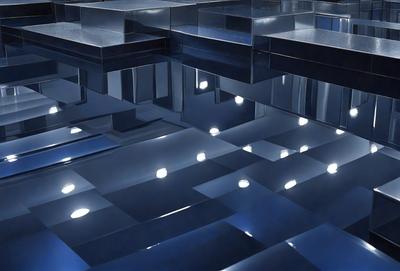 The primary subject of the image is a large, reflective surface, possibly a pool or a reflecting pool. The setting is a dark room with a blue tint, creating a moody atmosphere. The visual style is a combination of a photo and digital art, as the surface appears to be a reflection of a room with a blue tint. The colors and mood of the image are predominantly dark and mysterious, with the blue tint adding a sense of depth and intrigue to the scene.