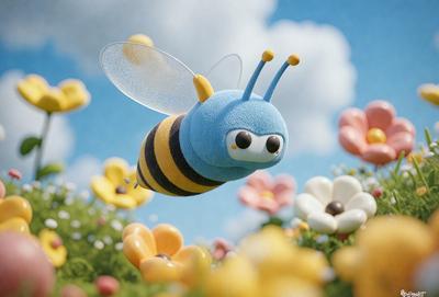 The primary subject of the image is a blue and yellow stuffed bee flying through a field of flowers. The setting is a bright and colorful environment, with a blue sky and a field of flowers. The visual style is a digital art or illustration, creating a whimsical and playful atmosphere. The colors and mood are predominantly bright and cheerful, with the blue and yellow bee being the focal point of the scene.