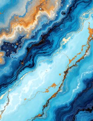 The primary subject of the image is a blue and gold painting featuring a blue and white striped background. The setting is a painting, and the visual style is artistic. The dominant colors are blue and gold, creating a vibrant and lively atmosphere.