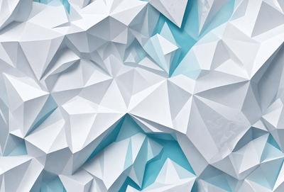 The primary subject of the image is a large, white, and blue wall with a geometric pattern. The setting is a room with a blue background, and the visual style appears to be a combination of digital art and illustration. The dominant colors are blue and white, creating a calm and soothing atmosphere.