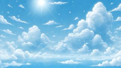 The primary subject of the image is a beautiful, colorful, and cloudy sky. The setting is a blue background with a few clouds scattered throughout the scene. The visual style is a digital art or illustration, creating a vibrant and lively atmosphere. The colors and mood are predominantly blue and white, with a hint of sunlight, giving the scene a serene and peaceful ambiance.