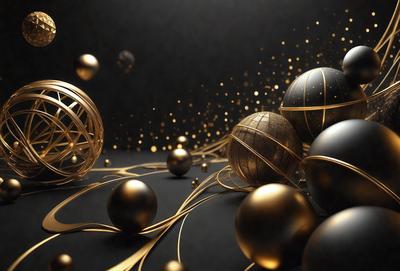 The primary subject of the image is a collection of gold balls and spheres, which are arranged in various positions and sizes. The setting is a black background, which contrasts with the gold balls, creating a visually striking scene. The visual style is a combination of photo and digital art, as the gold balls appear to be both real and digitally manipulated. The colors and mood of the image are predominantly gold and black, giving it a luxurious and elegant appearance.