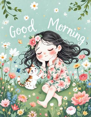 The primary subject of the image is a young girl sitting on the grass, accompanied by a cat. The setting is a garden with a variety of flowers surrounding them. The visual style is a combination of digital art and illustration, creating a whimsical and charming atmosphere. The dominant colors are shades of pink, white, and green, which contribute to the overall mood of the scene.