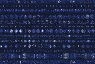 The primary subject of the image is a collection of various shapes and symbols, which are displayed in a blue color scheme. The setting appears to be a digital art or illustration, as the shapes and symbols are arranged in a visually appealing manner. The visual style suggests that the image is a digital creation, possibly a pattern or a texture. The dominant colors in the image are blue and black, creating a calm and sophisticated atmosphere.