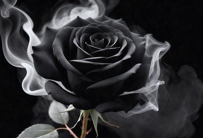 The primary subject of the image is a black rose. The setting is a dark, foggy environment, with a black background. The visual style is a close-up of the rose, emphasizing its details. The dominant colors are black and white, creating a dramatic and mysterious atmosphere.