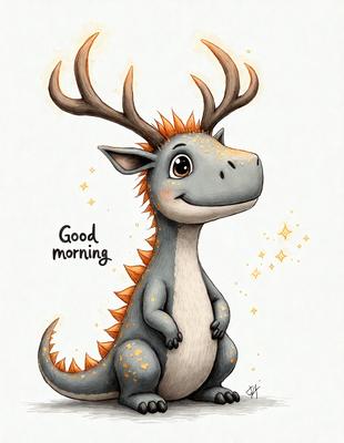 The primary subject of the image is a cartoon-like dinosaur with a big smile on its face. The dinosaur is sitting on the ground, and it appears to be enjoying its time. The setting is a white background, which provides a clean and uncluttered environment for the dinosaur to be the main focus. The visual style is a combination of digital art and illustration, creating a whimsical and playful atmosphere. The colors are predominantly shades of blue and orange, which adds to