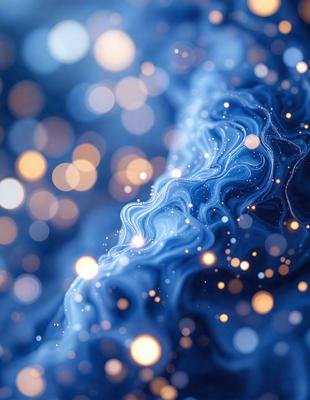The primary subject of the image is a blue, swirling, and sparkling pattern. The setting is a dark blue background, which contrasts with the bright blue swirls. The visual style is a combination of digital art and illustration, creating a dynamic and captivating scene. The colors and mood of the image are predominantly blue, with a sense of movement and energy.