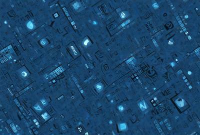 The primary subject of the image is a blue and white patterned background featuring a variety of icons and symbols. The setting appears to be a futuristic or technological environment, with the icons and symbols possibly representing different types of technology or devices. The visual style of the image is a combination of digital art and illustration, creating a unique and intriguing design. The colors and mood of the image are predominantly blue and white, giving it a clean, modern, and futuristic feel.