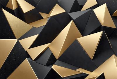 The primary subject of the image is a large, intricate, and colorful pattern made up of triangles. The pattern is predominantly gold and black, creating a visually striking and eye-catching design. The setting is a black and gold background, which further emphasizes the contrast between the pattern and its surroundings. The visual style of the image is a combination of digital art and illustration, showcasing the artist's skill in creating a complex and detailed design. The overall atmosphere of the image is vibr