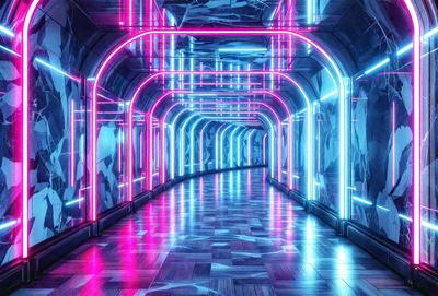 The primary subject of the image is a long, brightly lit tunnel with a blue and pink color scheme. The tunnel is illuminated by neon lights, creating a vibrant and futuristic atmosphere. The setting is an underground passage, and the visual style is a combination of digital art and illustration. The dominant colors are blue and pink, which create a sense of depth and contrast in the tunnel.