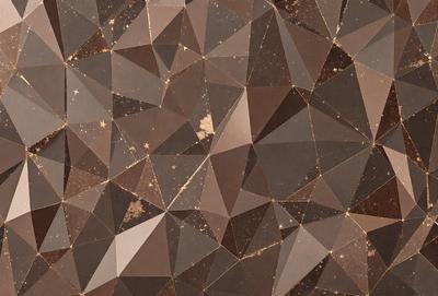 The primary subject of the image is a close-up of a brown and gold patterned surface, which appears to be a wall or a piece of art. The setting is indoors, and the visual style is a combination of a photo and digital art. The colors and mood of the image are warm and inviting, with the brown and gold tones creating a sense of depth and texture.