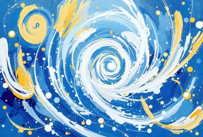 The primary subject of the image is a spiral-shaped painting, which is the main focus of the scene. The spiral is painted in a blue and white color scheme, creating a visually striking and dynamic effect. The setting is a blue background, which complements the spiral and adds to the overall visual style. The painting appears to be a digital art or illustration, showcasing the artist's skill in creating a captivating and intricate design. The colors and mood of the painting evoke a sense