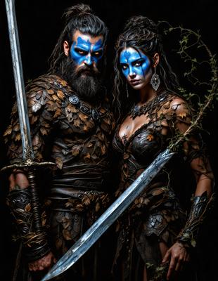 The primary subject of the image is a man and a woman dressed in costumes, possibly as warriors or characters from a fantasy world. They are standing together, with the woman on the right and the man on the left. The setting appears to be a dark, possibly mystical or magical, environment. The visual style of the image is a combination of photo and digital art, creating a unique and intriguing atmosphere. The dominant colors in the image are dark and earthy tones, which contribute to the overall mood of
