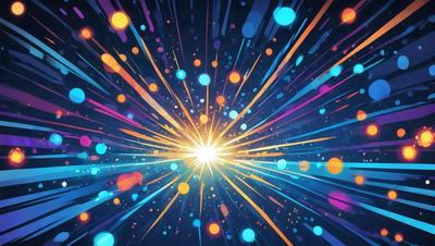 The primary subject of the image is a bright, colorful, and vibrant explosion of light. The setting is a dark background, which contrasts with the bright colors of the explosion. The visual style is a digital art or illustration, as the colors and lighting effects are created through digital means. The colors and mood of the image are energetic, lively, and dynamic, with the bright colors and light creating a sense of movement and excitement.