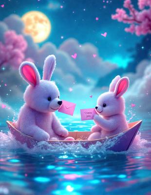 The primary subject of the image is two white bunnies sitting in a boat. The setting is a water-based environment, with a night sky visible in the background. The visual style is a digital art or illustration, creating a whimsical and playful atmosphere. The dominant colors are white and pink, which contribute to the overall mood of the scene.