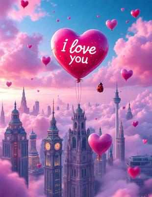 The primary subject of the image is a heart-shaped balloon with the words "I love you" written on it. The balloon is floating in the air, surrounded by a variety of other balloons. The setting is a cloudy sky, and the visual style is a digital art illustration. The colors and mood of the image are predominantly pink, creating a warm and loving atmosphere.