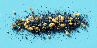 The primary subject of the image is a blue surface with a variety of yellow and blue popcorn kernels scattered across it. The setting appears to be a kitchen or dining area, as the popcorn kernels are placed on a table or counter. The visual style of the image is a close-up of the popcorn kernels, showcasing their vibrant colors and textures. The overall atmosphere of the image is cheerful and inviting, as the popcorn kernels create a