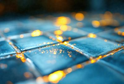 The primary subject of the image is a close-up of a blue tile floor with yellow light shining on it. The setting is a room with a blue tile floor, and the visual style is a photo. The dominant colors are blue and yellow, creating a warm and inviting atmosphere.