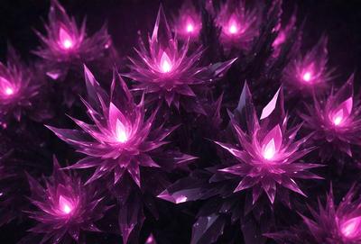 The primary subject of the image is a group of purple flowers with pink petals. The flowers are arranged in a cluster, creating a visually appealing scene. The setting is a dark background, which contrasts with the bright colors of the flowers. The visual style of the image is a combination of photo and digital art, giving it a unique and artistic appearance. The dominant colors in the image are purple and pink, creating a warm and inviting atmosphere.