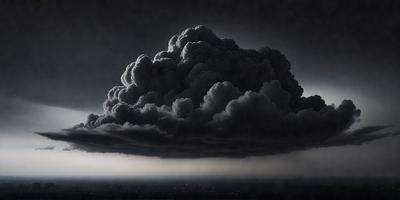 The primary subject of the image is a large, dark, and cloudy storm cloud. The setting is a dark sky, and the visual style is a black and white drawing. The cloudy sky and the dark clouds create a moody atmosphere, with the storm cloud looming over the landscape.