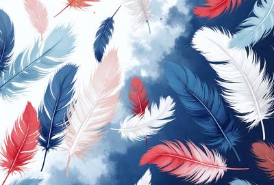 The primary subject of the image is a collection of white and red feathers. The feathers are arranged in a visually appealing manner, creating a sense of depth and dimension. The setting is a blue background, which contrasts nicely with the vibrant colors of the feathers. The visual style of the image is a combination of digital art and illustration, giving it a unique and artistic appearance. The dominant colors in the image are white and red, which evoke a sense of warmth and energy.