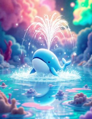 The primary subject of the image is a blue whale, which is the main focus of the scene. The whale is swimming in a body of water, surrounded by a vibrant and colorful environment. The setting includes a cloudy sky, which adds to the overall atmosphere of the image. The visual style of the image is a combination of digital art and illustration, creating a unique and eye-catching scene. The dominant colors in the image are blue and pink, which contribute to the whimsical and playful