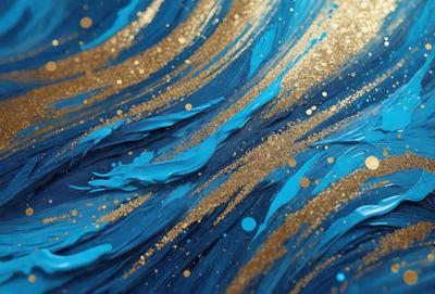 The primary subject of the image is a painting of a wave with gold and blue colors. The setting is a canvas, and the visual style appears to be a digital art or illustration. The dominant colors are gold and blue, creating a serene and calming atmosphere.