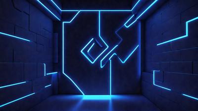 The primary subject of the image is a blue neon light, which is the main object, scene, or focus of the image. The setting is a room with a blue wall, and the visual style is digital art. The dominant colors and overall atmosphere are blue and futuristic.
