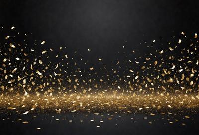 The primary subject of the image is a close-up of gold confetti or glitter, which is the main focus of the image. The setting is a dark background, which contrasts with the gold confetti. The visual style is a close-up of the confetti, showcasing its texture and details. The colors and mood of the image are predominantly gold and glittery, creating a festive and celebratory atmosphere.