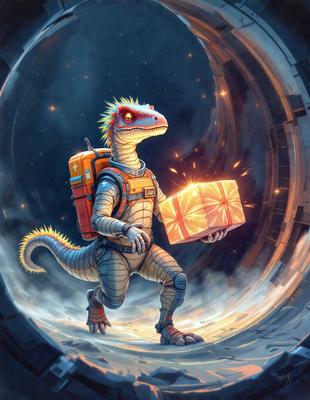 The primary subject of the image is a cartoon dinosaur, specifically a T-Rex, holding a box. The setting is a dark, possibly futuristic environment, with the dinosaur standing on a rocky surface. The visual style is digital art, as the image is a detailed and well-rendered cartoon. The colors and mood are dark and mysterious, with the T-Rex and the box being the main focus of the scene.