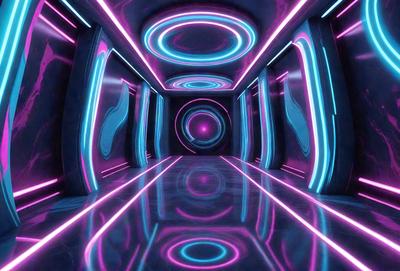 The primary subject of the image is a hallway with a purple and blue color scheme. The setting is a futuristic environment, possibly a space station or a futuristic building. The visual style is a combination of digital art and illustration, creating a unique and vibrant atmosphere. The dominant colors are purple and blue, which contribute to the futuristic and space-themed ambiance.