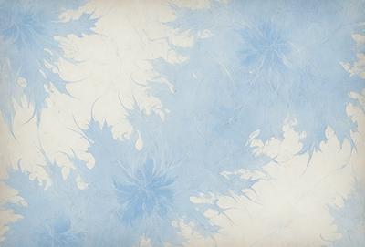 The primary subject of the image is a blue and white floral pattern. The setting is a white wall, and the visual style appears to be a combination of a photo and digital art. The dominant colors are blue and white, creating a calm and serene atmosphere.