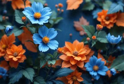 The primary subject of the image is a bouquet of flowers, predominantly featuring blue and orange hues. The flowers are arranged in a vase, which is placed on a table. The setting appears to be a room with a blue background, giving the scene a calm and serene atmosphere. The visual style of the image is a combination of photo and digital art, creating a realistic yet artistic representation of the flowers.