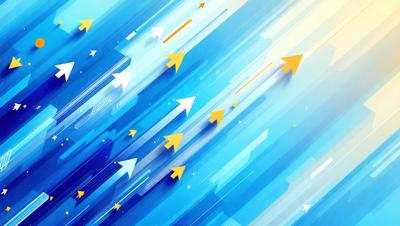 The primary subject of the image is a blue background with yellow arrows flying through it. The setting appears to be a futuristic or modern environment, possibly a cityscape. The visual style is a combination of digital art and illustration, creating a dynamic and vibrant atmosphere. The dominant colors are blue and yellow, with the blue background providing a sense of depth and the yellow arrows adding a sense of motion and energy to the scene.