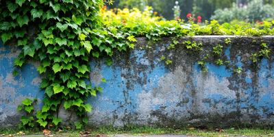 Primary subject: A blue wall with green ivy growing on it.

Setting/background: The wall is located in a garden, surrounded by green plants and flowers.

Visual style: The image is a photo of the blue wall with green ivy.

Colors and mood: The blue wall and green ivy create a calming and natural atmosphere in the garden.