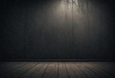 The primary subject of the image is a dark room with a wooden floor. The setting is a dark room with a wooden floor, and the visual style is a photo. The colors and mood of the image are dark and moody, with the dominant colors being black and brown.