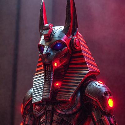 The primary subject of the image is a robotic head with a gold and red color scheme. The setting is a dark room, and the visual style appears to be a combination of digital art and illustration. The dominant colors are gold and red, creating a bold and striking appearance. The overall atmosphere of the image is mysterious and intriguing, as the robotic head stands out against the dark background.