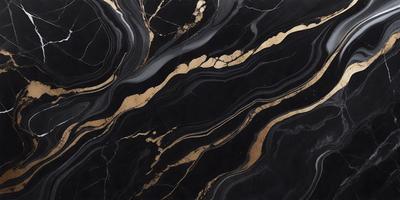 The primary subject of the image is a marble countertop with a gold-colored pattern. The setting is a kitchen, and the visual style is a close-up of the countertop. The colors and mood of the image are predominantly black and gold, giving it a luxurious and elegant appearance.