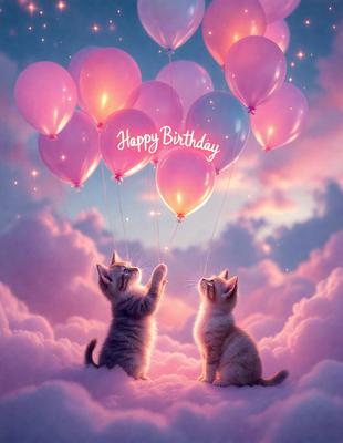 The primary subject of the image is two cats, each holding onto a pink balloon. The setting is a cloudy sky, and the visual style is a digital art or illustration. The colors are predominantly pink, creating a warm and cheerful atmosphere.
