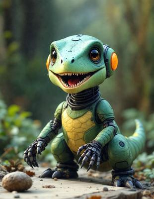 The primary subject of the image is a small, green, robotic dinosaur figurine with a mouth open, giving it a menacing appearance. The setting is a forest, with trees visible in the background. The visual style is a combination of photo and digital art, creating a unique and detailed representation of the robotic dinosaur. The colors are predominantly green, with some orange accents, giving the figurine a lively and vibrant appearance. The overall mood of the image is playful and imagin
