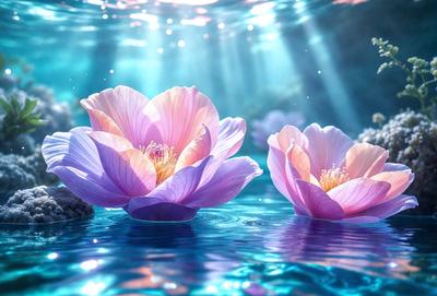 The primary subject of the image is a group of three pink flowers floating on the surface of a body of water. The setting is a serene, underwater environment, with the flowers surrounded by water and possibly some rocks. The visual style is a combination of photo and digital art, creating a realistic yet artistic representation of the flowers. The colors and mood of the image are predominantly pink, which adds a sense of warmth and beauty to the scene.
