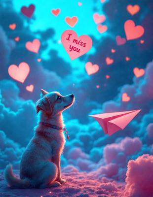 The primary subject of the image is a dog sitting on a cloud. The setting is a pink and blue sky with clouds, creating a whimsical and playful atmosphere. The visual style is a digital art or illustration, with the dog and the cloud being the main focus of the scene. The colors and mood are vibrant and cheerful, with the pink and blue hues adding a sense of warmth and happiness to the image.